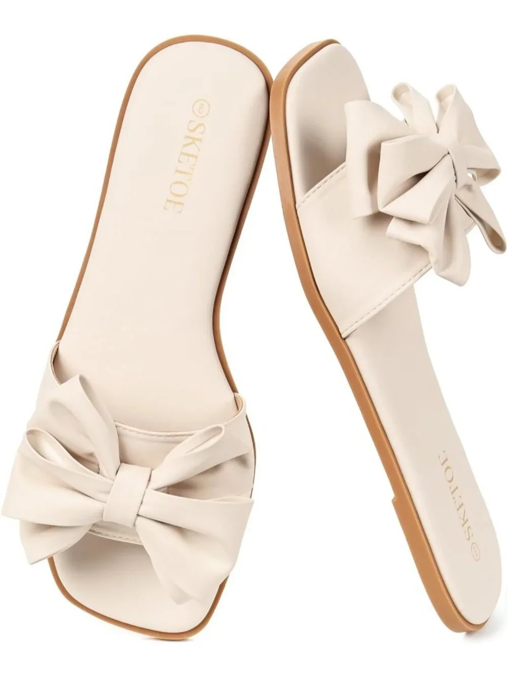Women's Nude Faux Leather Bow Flat Sandals Open Saquare Toe Comfortable Slide